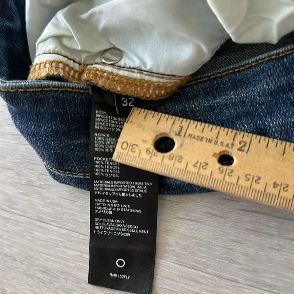 AMIRI Skinny-Fit Leather Appliquéd Distressed Jeans Blue/Black 32 NWT